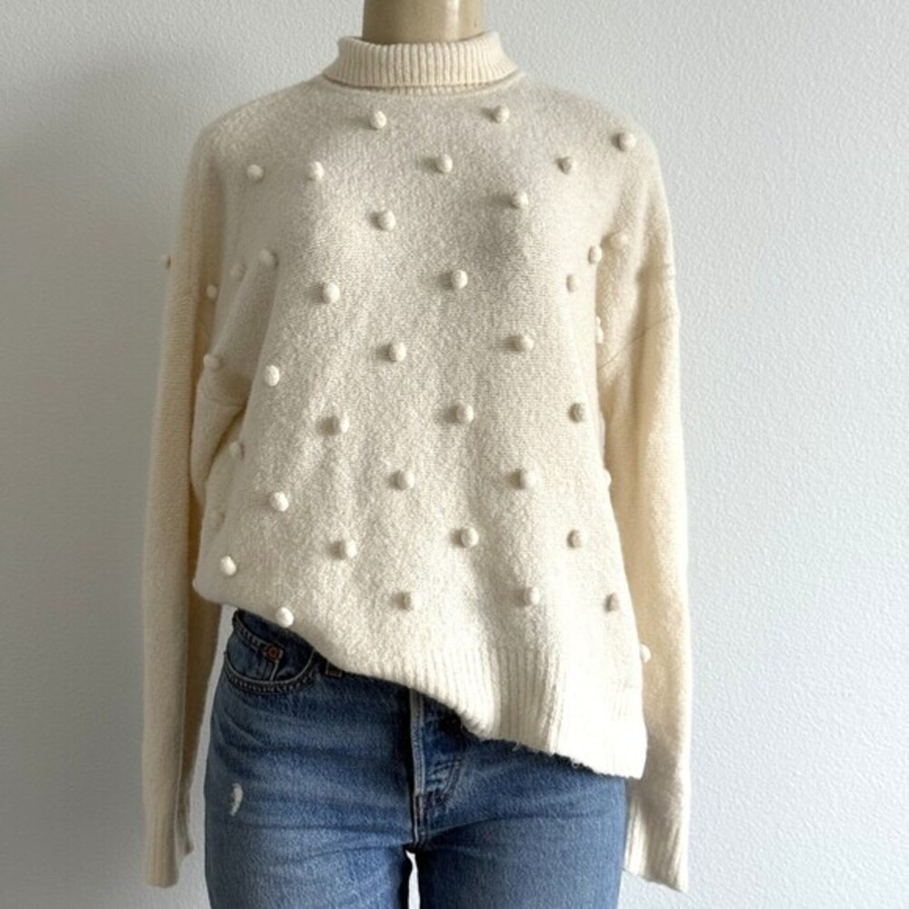 Madewell Bobble Knit Sweater Medium Cream Pom Pom Coquette Mock Neck Balletcore